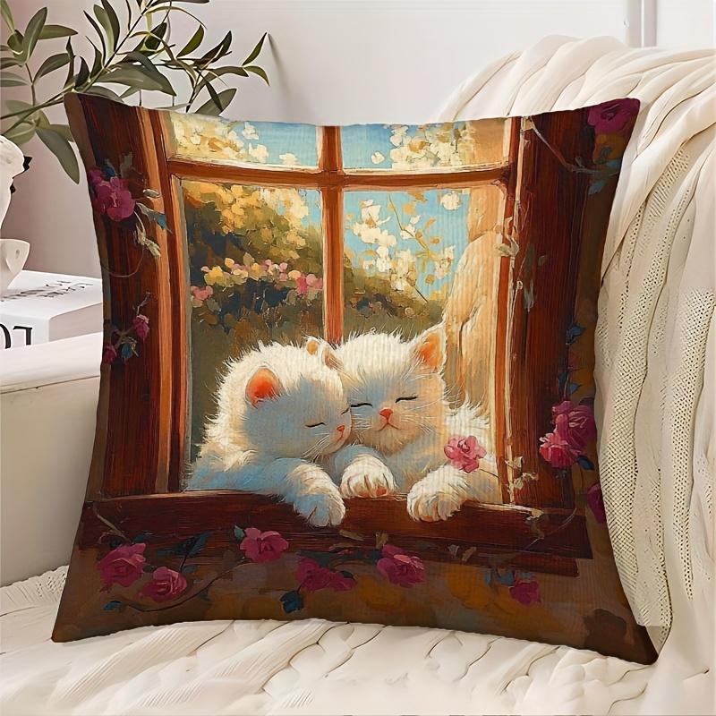 1 Pillowcase, 2D Flat Printing, Single-Sided Printing (No Pillow Core), 17.72*17.72 Inches (45*45 Cm), Non-Real Embroidery - Cute White Kitten And Pup