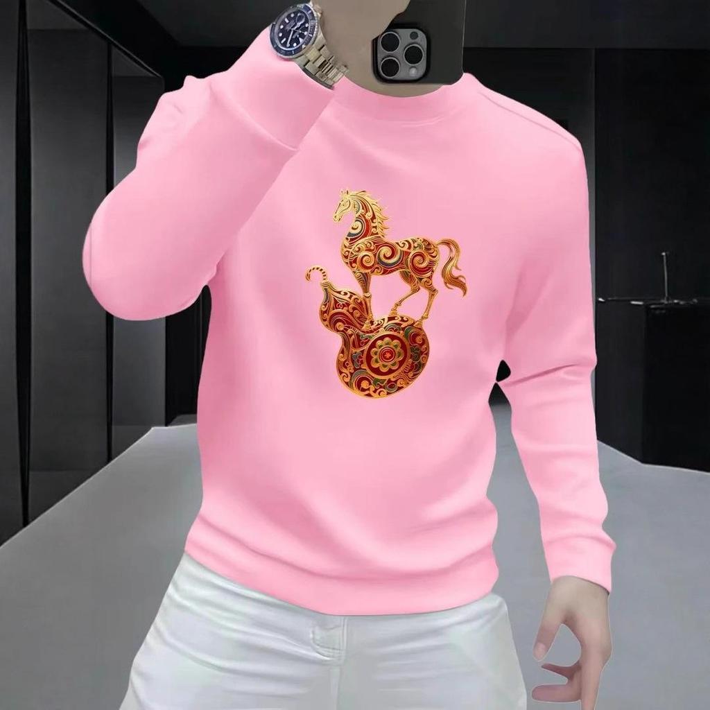 Men's Heavyweight American Style Round Neck Sweatshirt - Spring/Autumn, Long Sleeve, Loose Fit, Plus Velvet for Extra Warmth