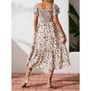 Mode Kurzarm Sommerkleid mit Blumendruck Sexy Rüschen Quadratischer Ausschnitt Elegant Plissiert A-Linie Partykleider Lässig Locker Slim Urlaubskleidung