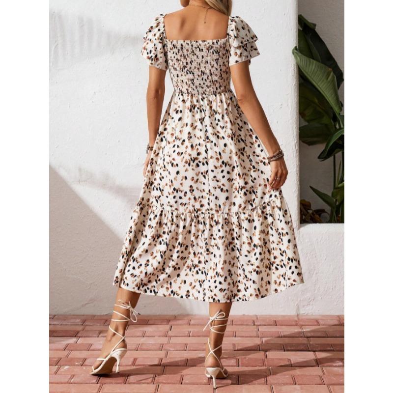 Mode Kurzarm Sommerkleid mit Blumendruck Sexy Rüschen Quadratischer Ausschnitt Elegant Plissiert A-Linie Partykleider Lässig Locker Slim Urlaubskleidung