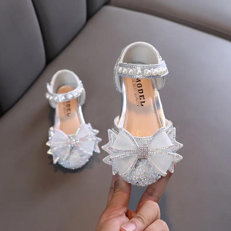 Baby Girls Princess Shoes Sequins Pearl Bow Kids Sandals Non-slip Children Shoes Party Wedding Elegant Performance Shoes F06144