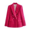 Frauen Mode Tweed Zweireiher Blazer Mantel Vintage Langarm Klappen Taschen Weibliche Oberbekleidung Chic Veste Femme