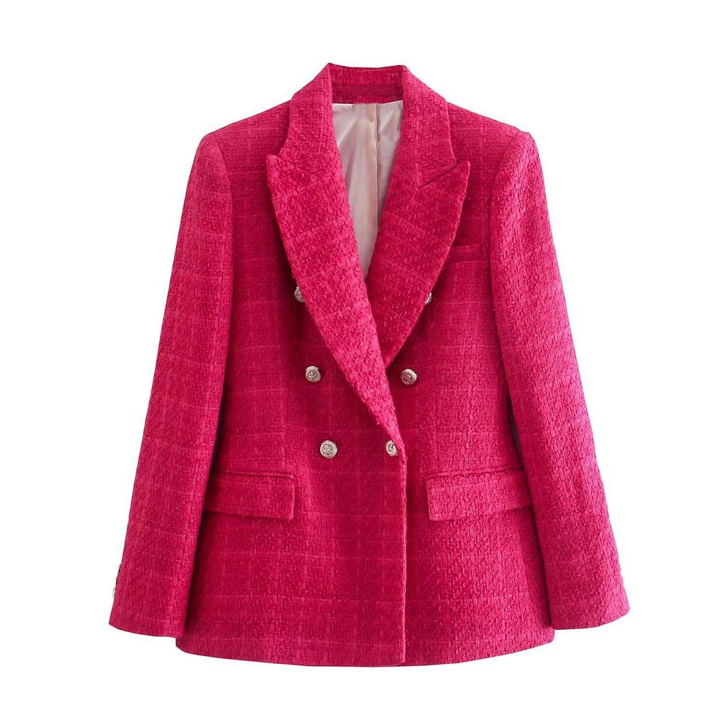 Frauen Mode Tweed Zweireiher Blazer Mantel Vintage Langarm Klappen Taschen Weibliche Oberbekleidung Chic Veste Femme