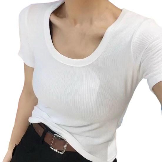 

O-Neck Short Sleeve Ribbed Women T-shirt Summer Solid Color Slim Fit Tee Top Streetwear M белый