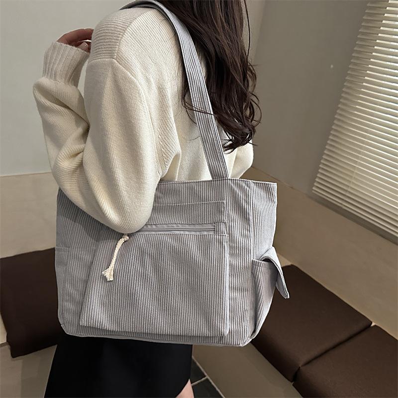 Simple Corduroy Tote Bag, Solid Color Shoulder Bag, Retro Multi Pockets Handbag for School Work Shopping Gift