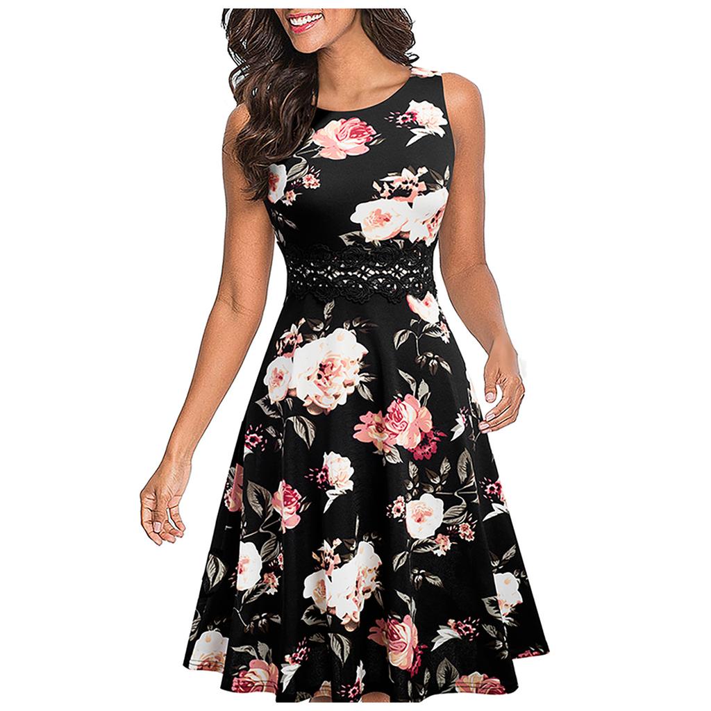 Petite robe élégante à la mode pour femmes, col rond, sans manches, imprimée en dentelle
