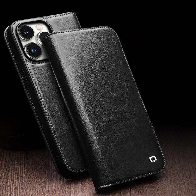 QIALINO For iPhone 15 Pro Shockproof Genuine Leather Flip Case Full Protection Wallet Cover Stand