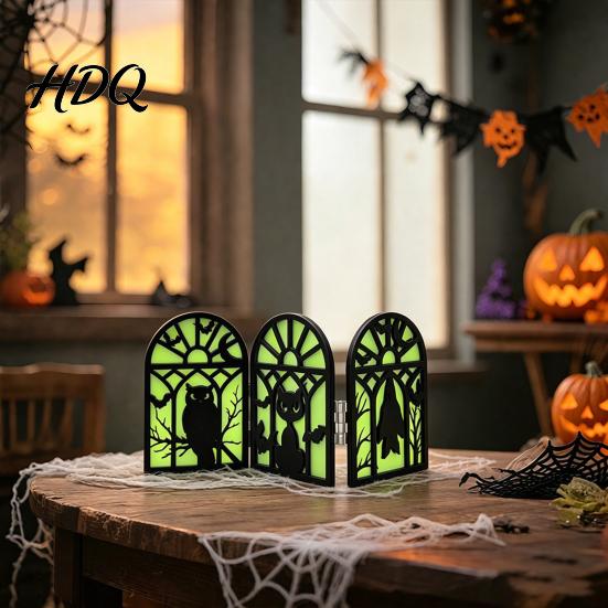 Wear-resistant Halloween Table Ornament Glow-in-the-Dark Decoration, Witch Ghost Silhouette Design, Stable Solid Wood Foldable Luminous Ornament, for