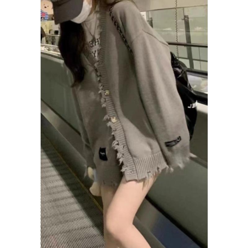 

Autumn and winter new trendy brand V-neck knitted cardigan sweater jacket women s casual loose lazy style knitted top average size