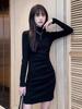 Velvet Women's Dress: Autumn/Winter Semi-High Neck, Long Sleeve, Slim Fit Hip Wrap Skirt
