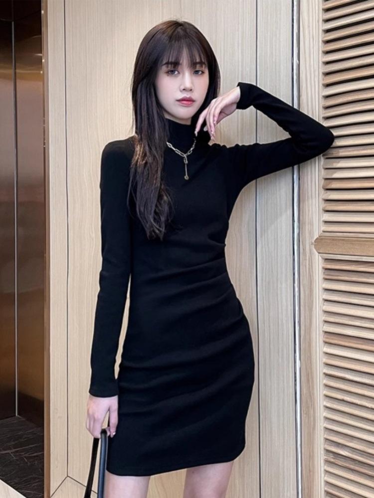 Velvet Women's Dress: Autumn/Winter Semi-High Neck, Long Sleeve, Slim Fit Hip Wrap Skirt