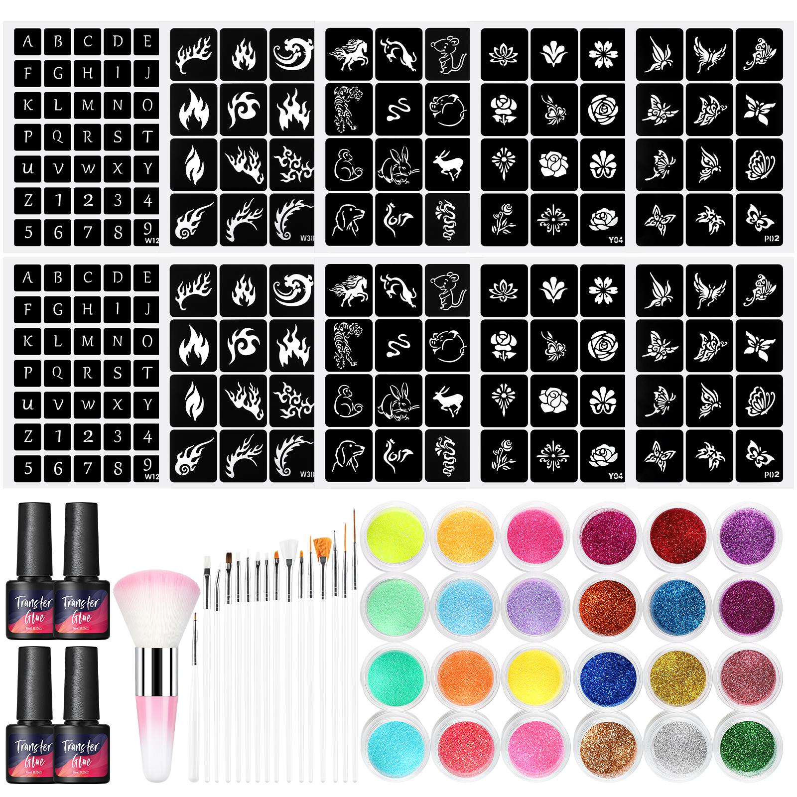 

Шаблон татуировки и 4 шт. клей для блестящих татуировок Клей для татуировки Transter для татуировки Боди-арт и украшение кристаллами Набор кистей для рисования порошком для тела