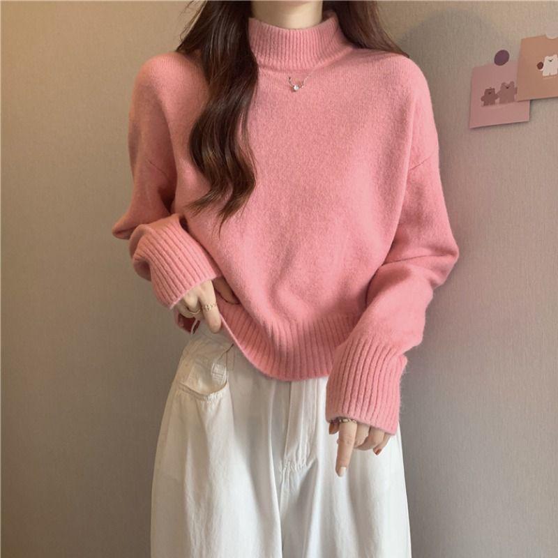 

Женский вязаный свитер на осень 2024 года, маленький, повседневный, свободного кроя, с полувысоким воротником XXL розовый
