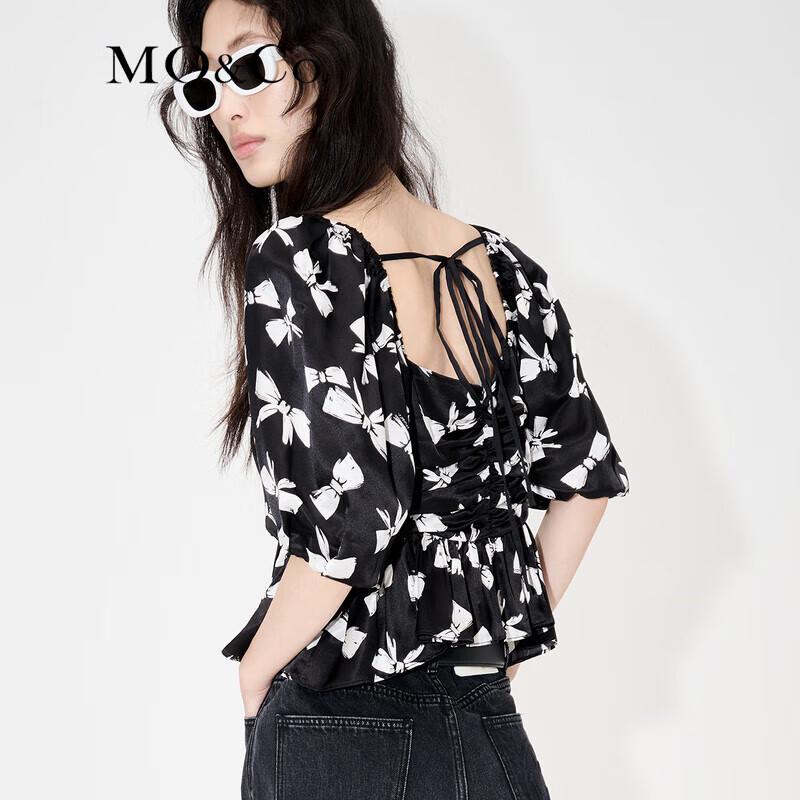 MO&Co. Bowknot Print Ruched Backless Puff Sleeve Crop Top