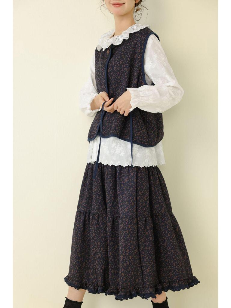 Mori-stil Retro Blommig Dubbellagers Väst med Midi Tårtkjol - Damernas Mångsidiga 2025 Vardagskläder Set