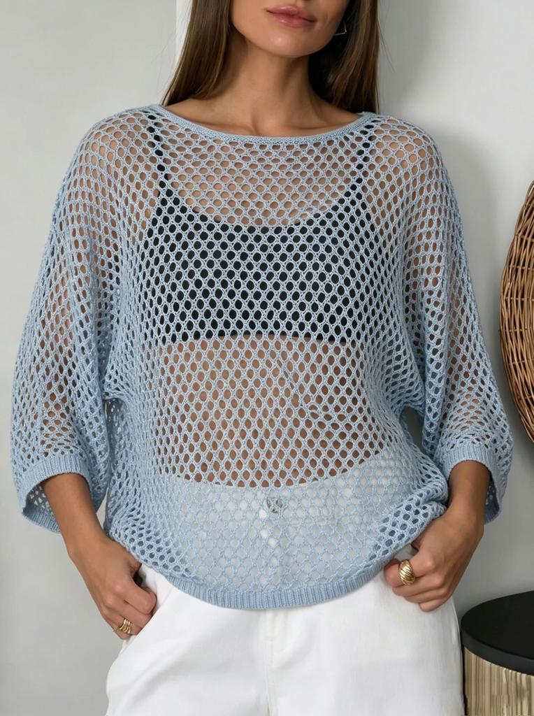Summer new hollow smock women's European and American style soft loose long-sleeved knitted top ins style