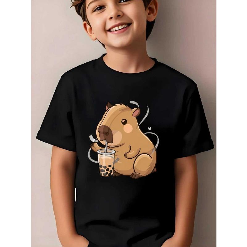 

European sizes Fashionable Short-Sleeve T-Shirt for Boys Featuring a Cute Capybara Drinking Bubble Tea Print. This Black Trendy Tee 164cm
