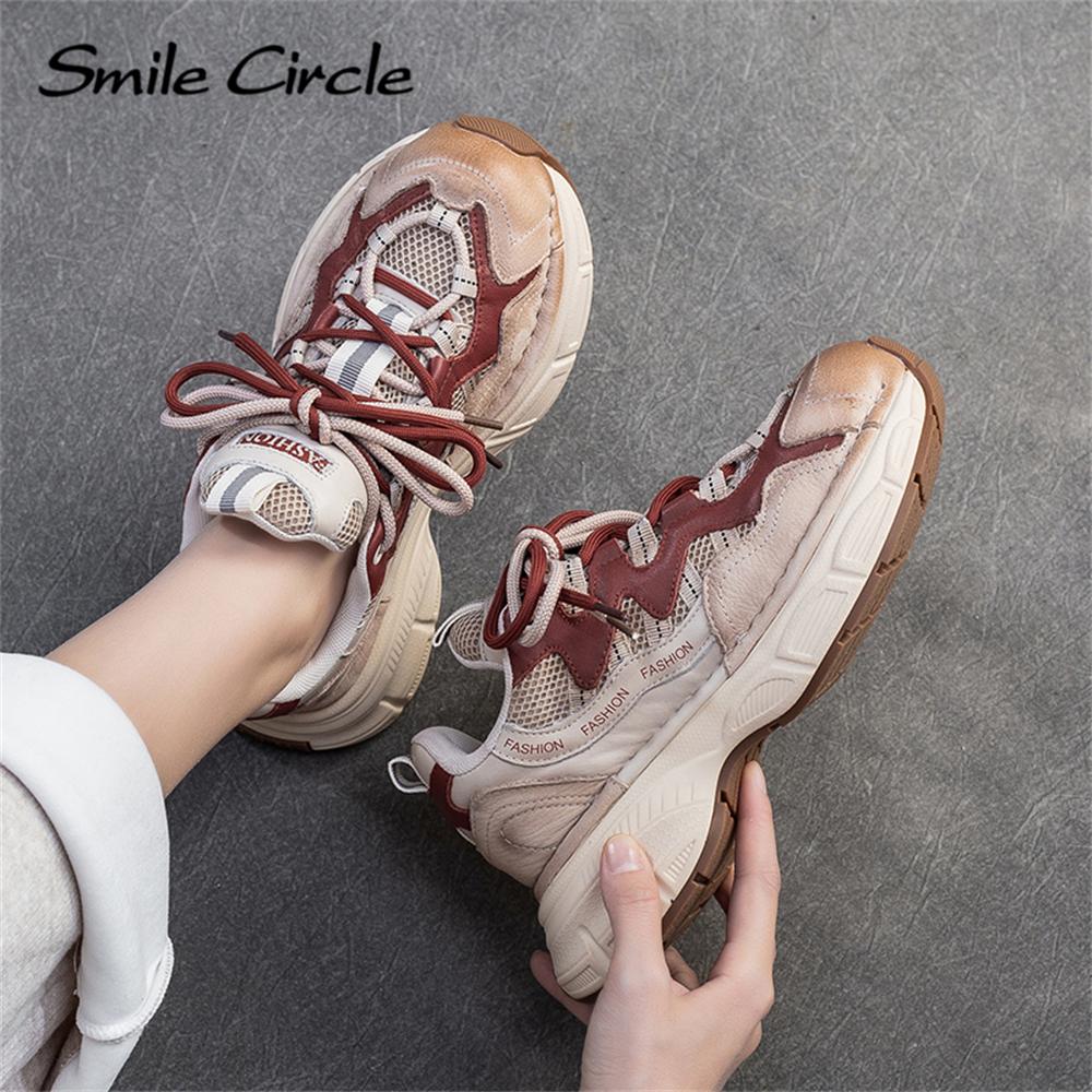 Damen Sneakers aus echtem Leder mit runder Zehenpartie und zunehmender Höhe, modische Freizeitschuhe mit dicker Sohle