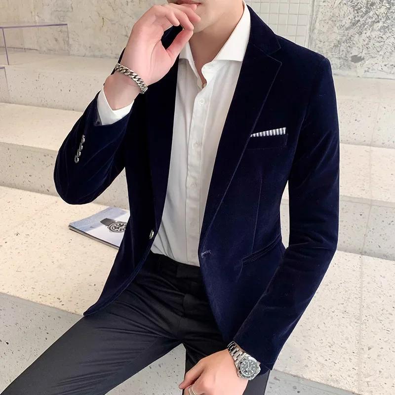 Velluto Dorato Marca di Alta Gamma Formale Business Uomo Blazer Slim Sociale Sposo Matrimonio Sfilata Palco Festa Giacca Abito