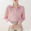 Women's Pink Long-Sleeve Shirt - Professional, Elegant, Perfect for Teacher Interviews, Mature Style, Ideal for Spring/Autumn.
