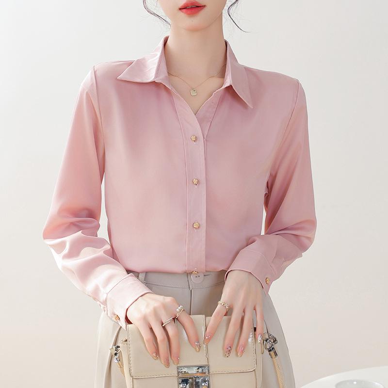 Women's Pink Long-Sleeve Shirt - Professional, Elegant, Perfect for Teacher Interviews, Mature Style, Ideal for Spring/Autumn.