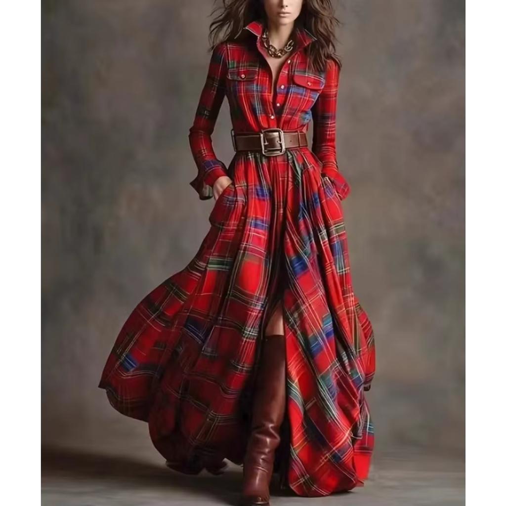 LYRIA French Women's Plaid Dress Shirt Button Cardigan Lapel Fashion Belt Pocket Irregular Design A-line Long Skirt for Female