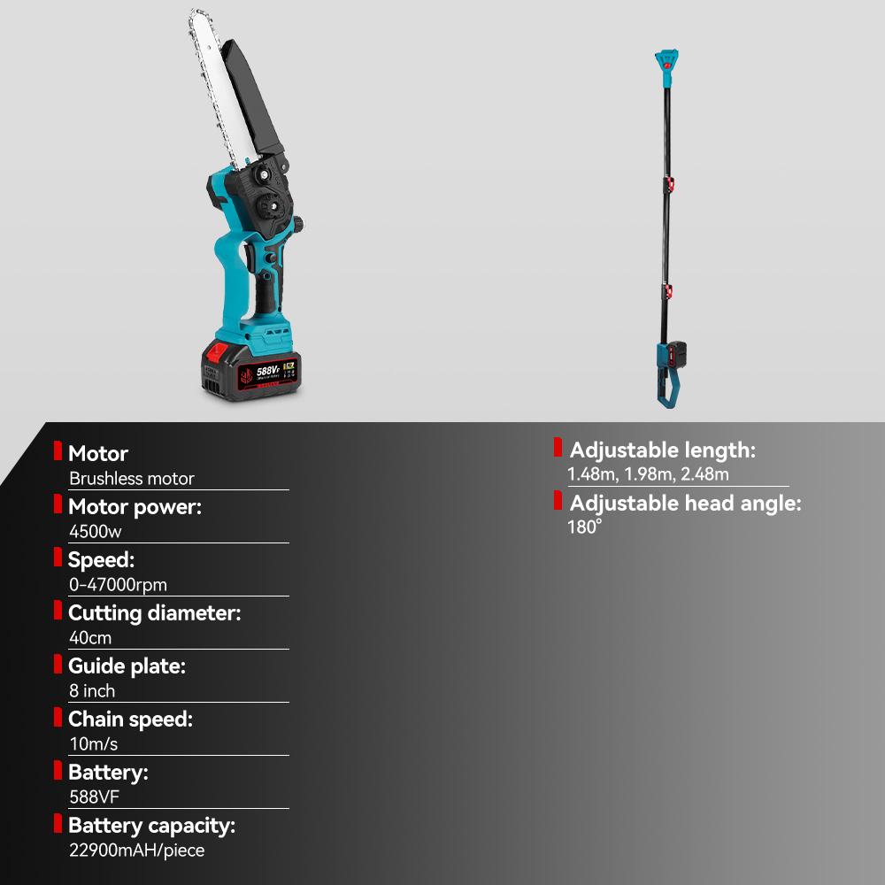 ONEVAN Brushless 4500W Telescoping Pole Electric Chainsaw 8inch 2in1 High Branch Saw Garden Power Tool For 21V 18V Battery