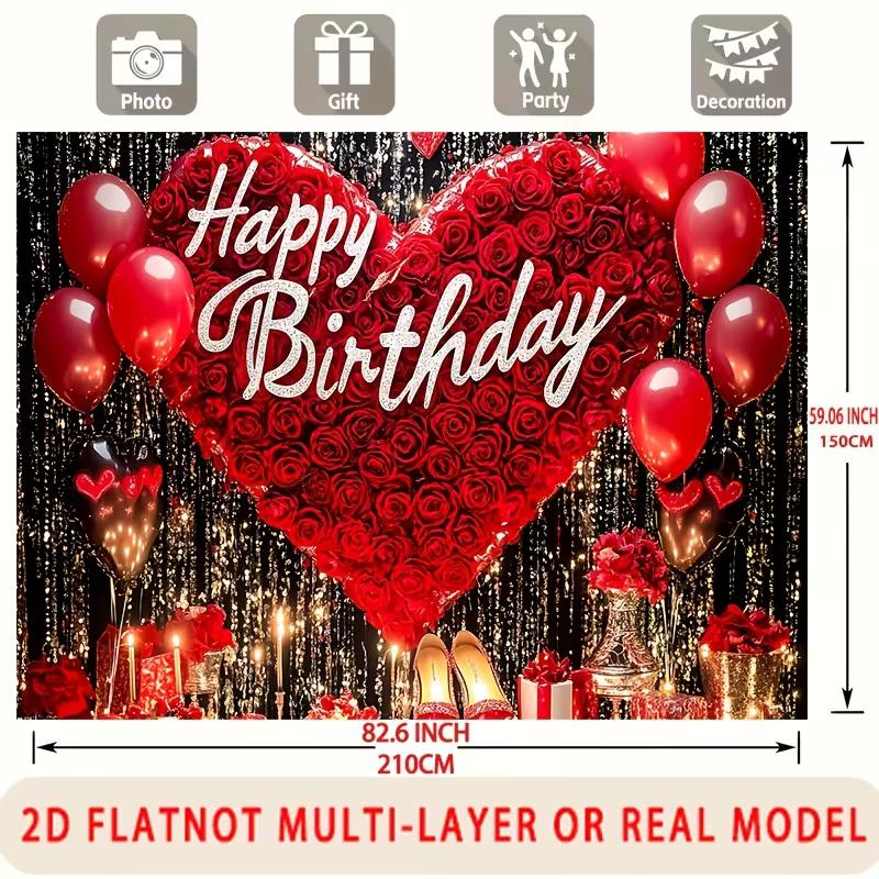 

2D 2D Flat Red Heart Rose Birthday Backdrop Balloon Glitter Background for Birthday Party 47.2x31.5inch/120*80cm