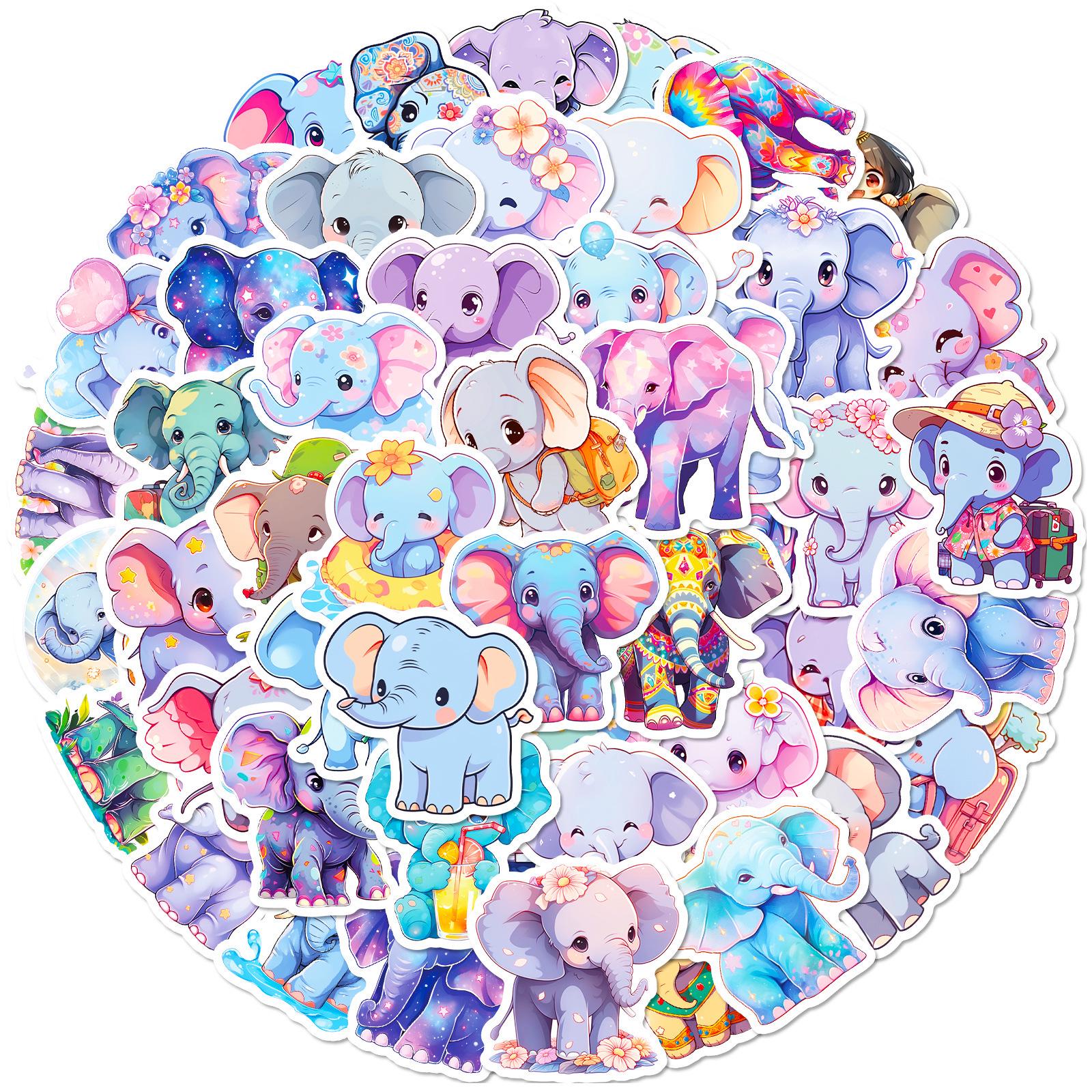 50 Cute Cartoon Elephant Family Stickers - New Style Kids Colorful Animal Graffiti Set (50 Sheets)
