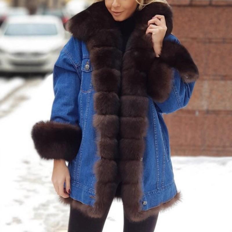 Womens Faux Fur Lined Denim Long Sleeve Jacket - Casual Winter Outerwear Office Daily Wear