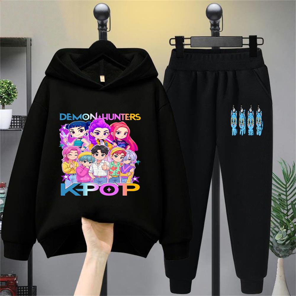 Kinder Dämonenjäger Kpop Cartoon Charakter Hoodie Set, Modisches Freizeit-Sweatshirt & Hosen Outfit für Kinder, Trendiger K - Pop Stil
