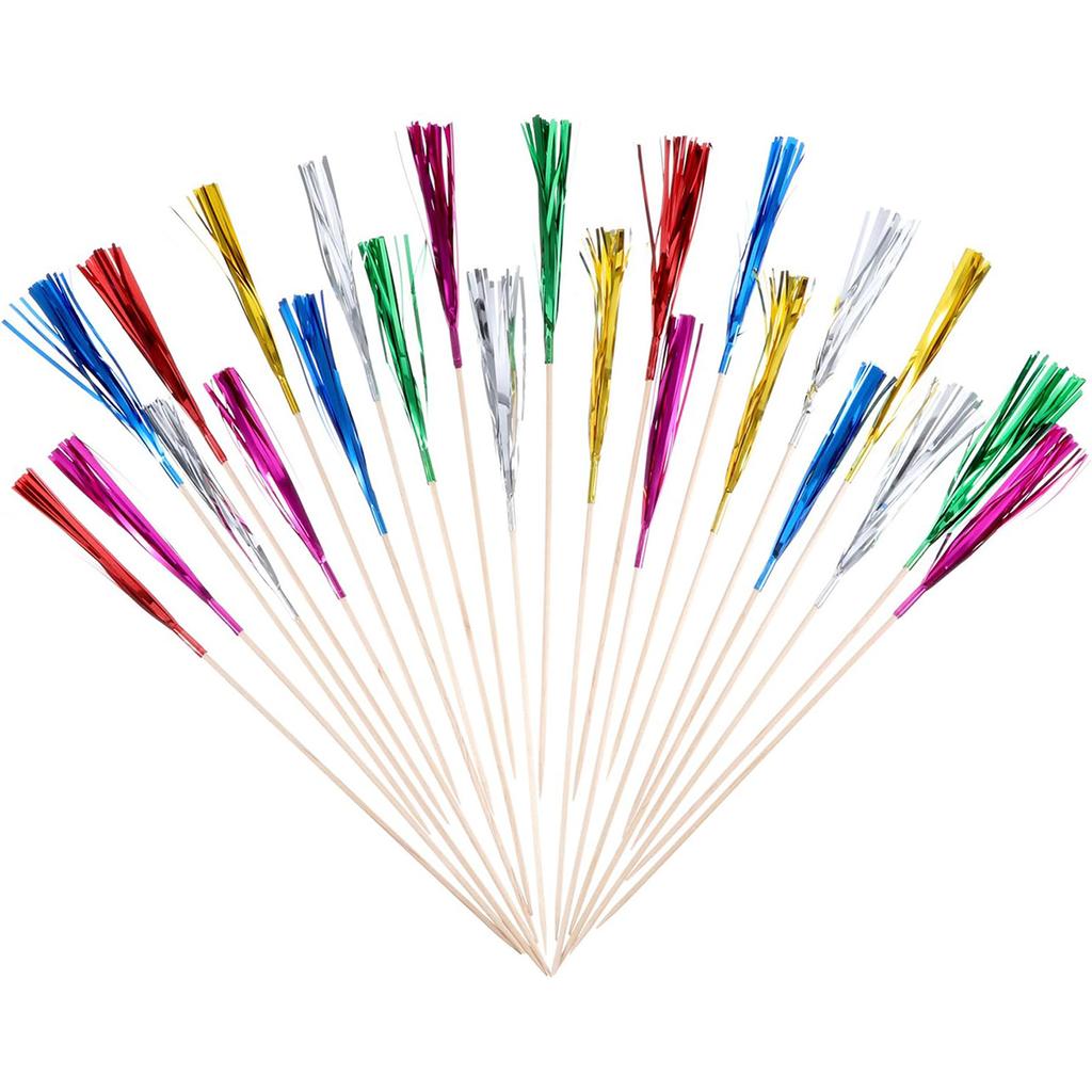 100 PCS Firework Cupcake Toppers Foil Frill Toothpicks Holiday Cake Decorations 9 Inch Food Picks for Graduation Party Supplies