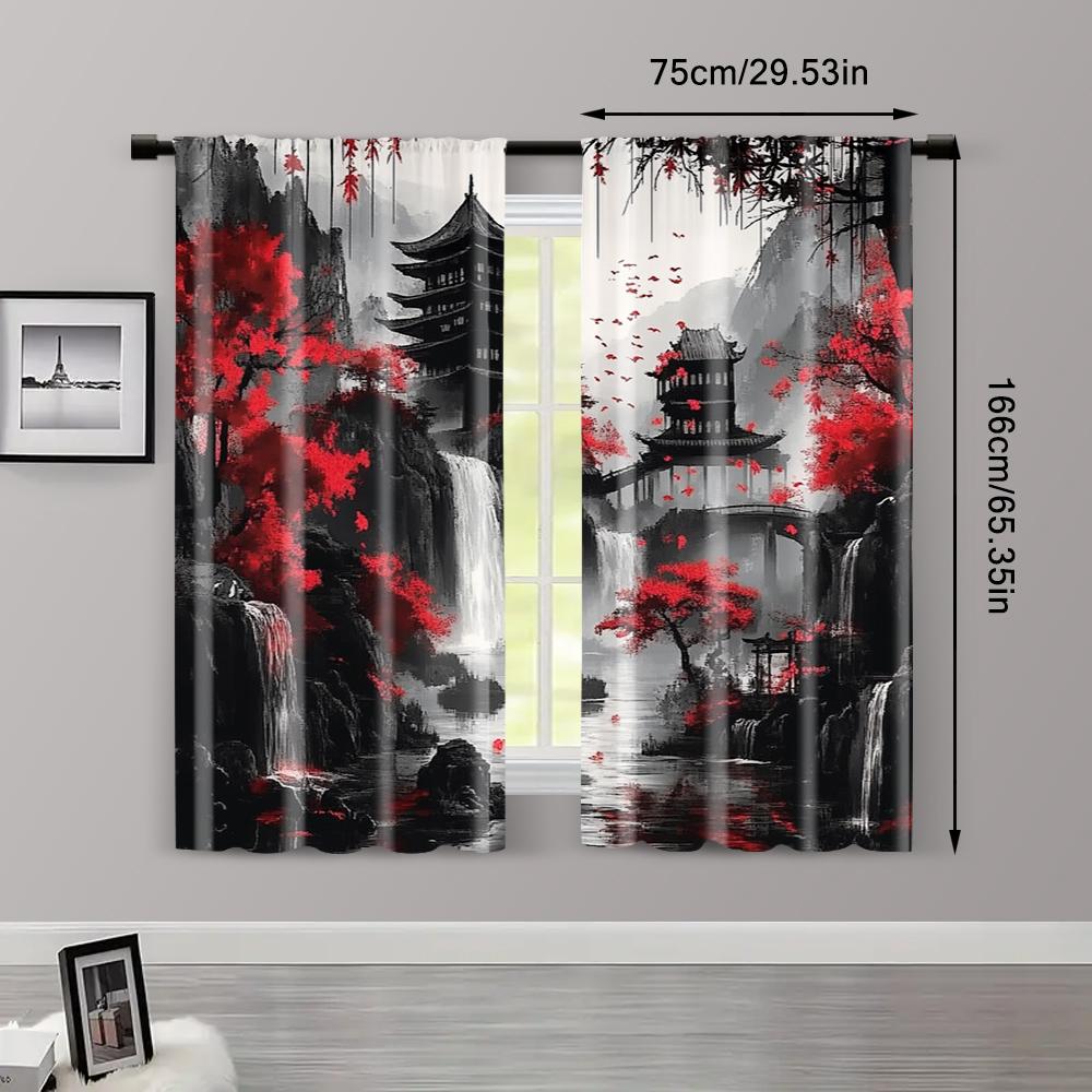 Set Of 2 Creative Curtains Print Japanese Mountain Ink Painting Fabric Without Rod Decorations Inside Use Bedroom Office Made Polyester Sleeping Area