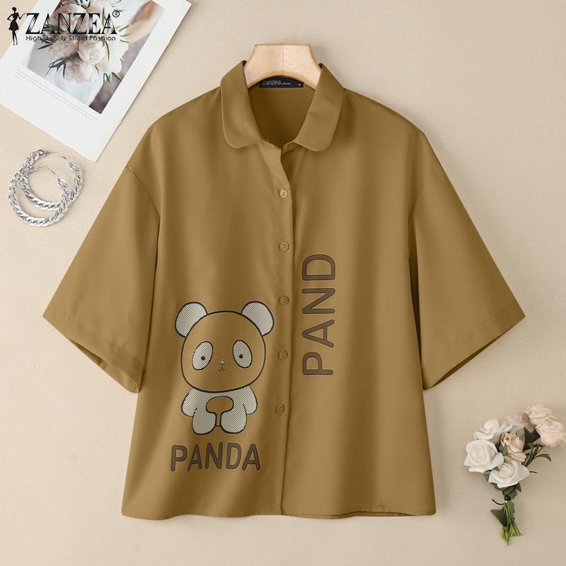 ZANZEA Women Turn Down Collar Summer Casual Short Sleeve Print Blouse