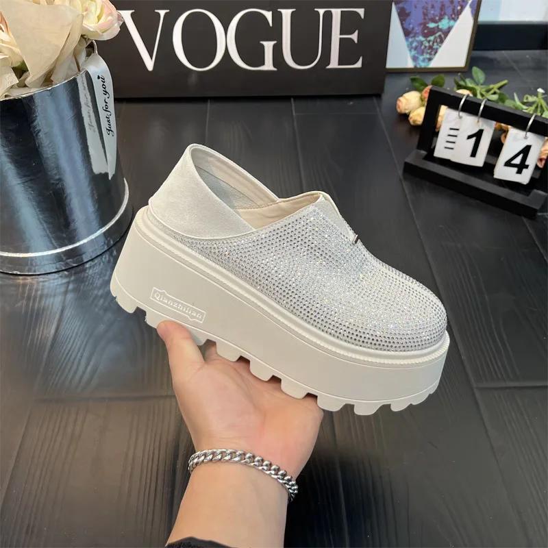 Women's Single Shoes Thick Sole Round Toe Rhinestones Heel Can Be Stepped on Bread Shoes Leisure One Kick Zapatillas De Mujer