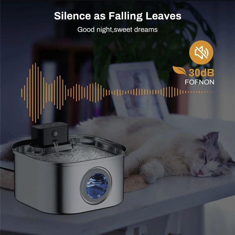 Fontanella per Acqua per Animali Domestici Pratica 3.2L Acciaio Inossidabile Senza Fili a Batteria Sensore di Movimento Silenziosa Filtrata Dispenser per Acqua per Gatti e Cani