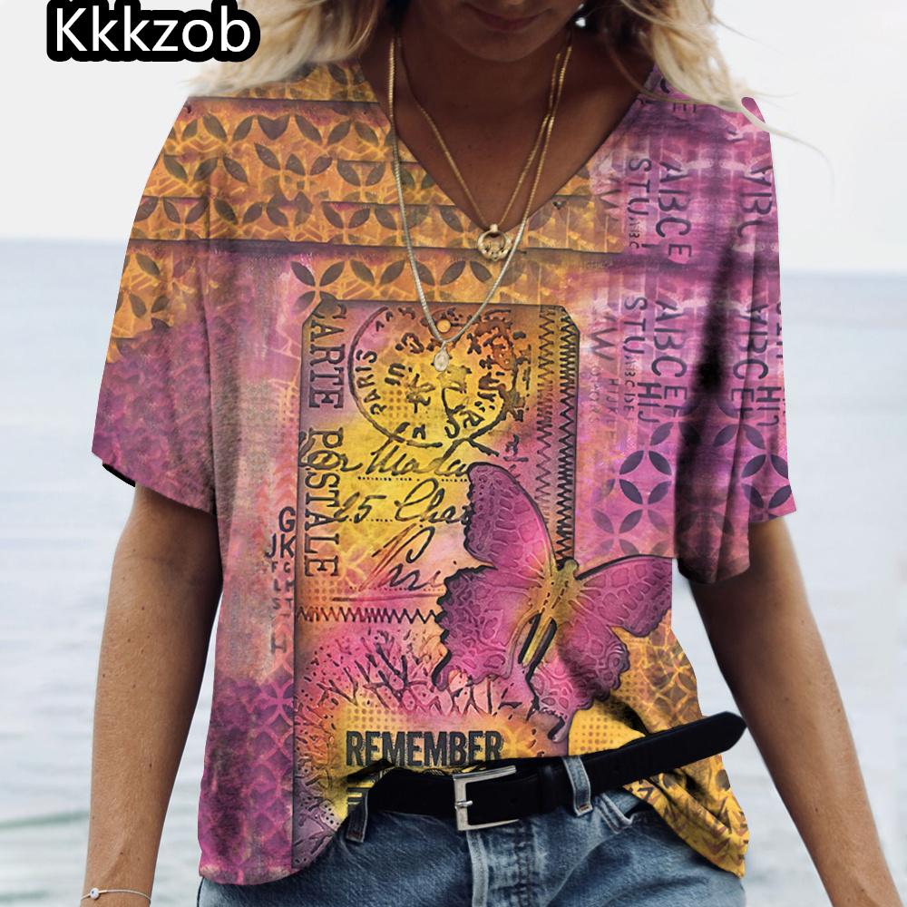 2025 Summer Women's T-Shirt Vintage Butterfly Printcasual Fashion V Neck Pullover Short Sleeve Loose Daily Tops Design Clothing