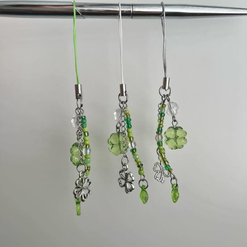 Sweet Grass Leaf Bead Charm Pendant Chain Phone Strap Pocket Keychain Strap Hangings Decoration for Key Bag Purse