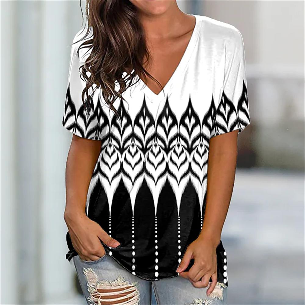 Summer V-neck 3D Printed Top Fashionable Casual Short Sleeved Women's T-shirts