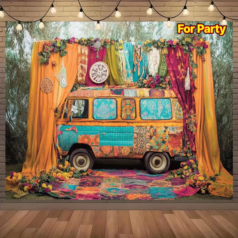 

2D Boho Hippie Van Backdrop Colorful Retro Bus Photography Background 47.2x31.5inch/120*80cm