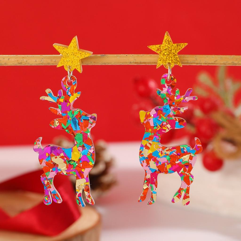 Colorful Confetti Reindeer Drop Earrings for Women Festive Star Stud Earrings for Christmas