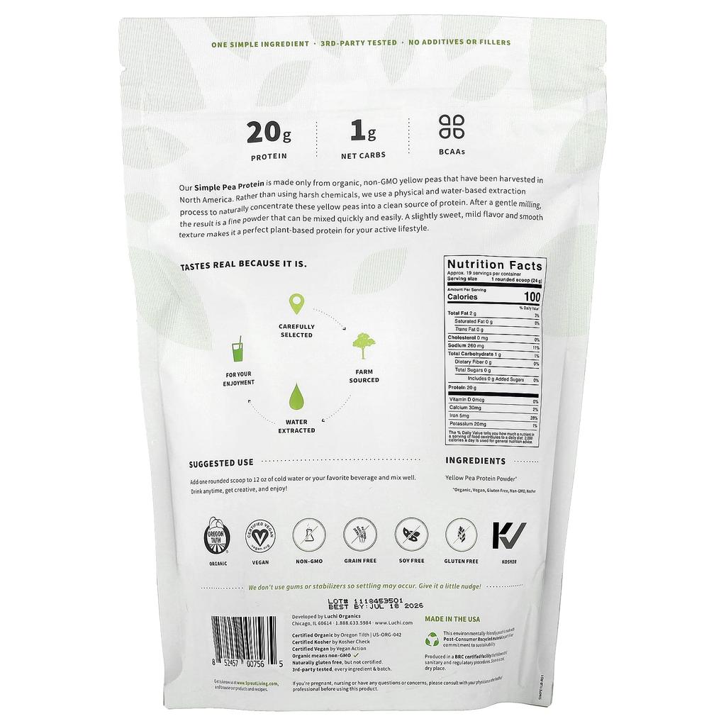 Simple, Organic Pea Protein, Unflavored, 454G (1Lb)
