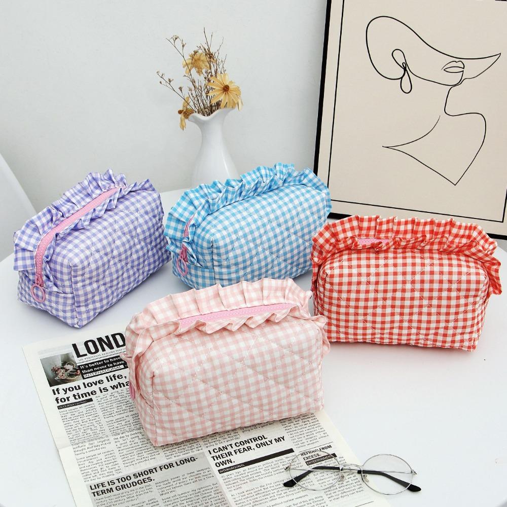Portable Makeup Bag Quilted Design Multifunctional Makeup Brush Storage Bag Plaid Pattern with Zipper Travel Toiletry Bag