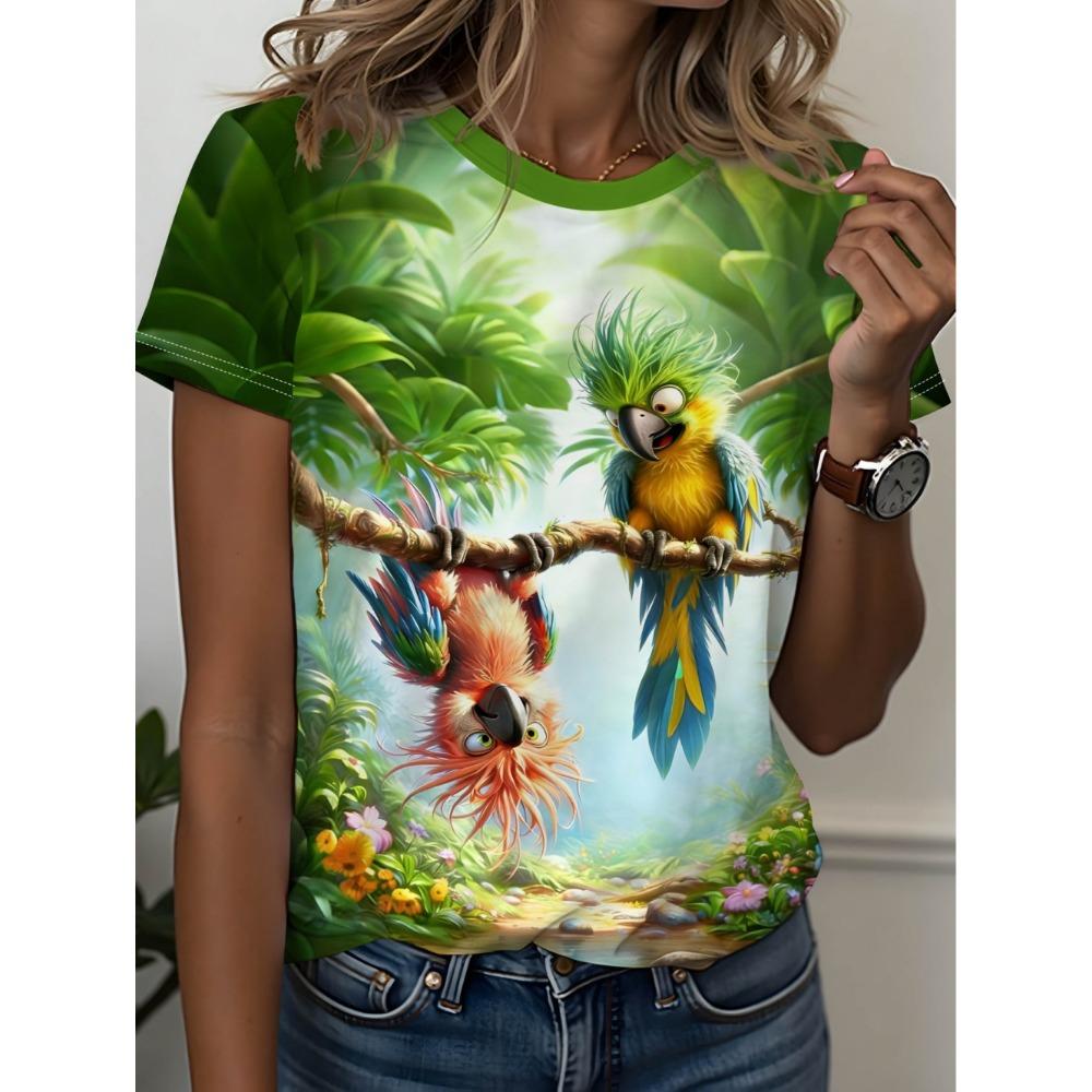 2026 Summer Fashion 3D Parrot Print Women T-Shirts Casual O-Neck Short Sleeve Tees Animal Print Trend Daily Wear Female Clothing