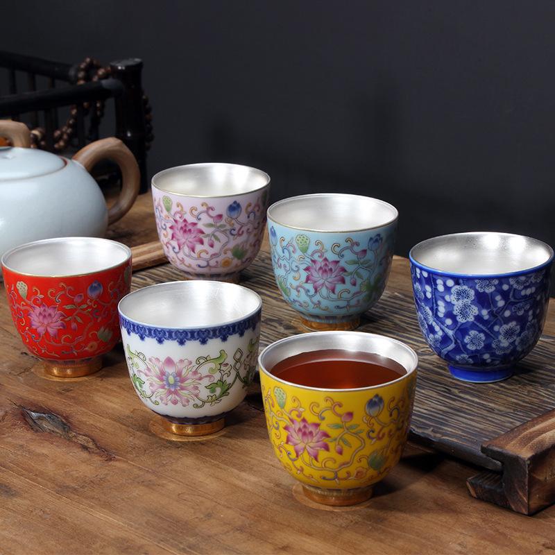 

6Pcs silver mouth cup sterling silver tea set, teacup kung fu enamel colored silver bag liner master 51-100ml