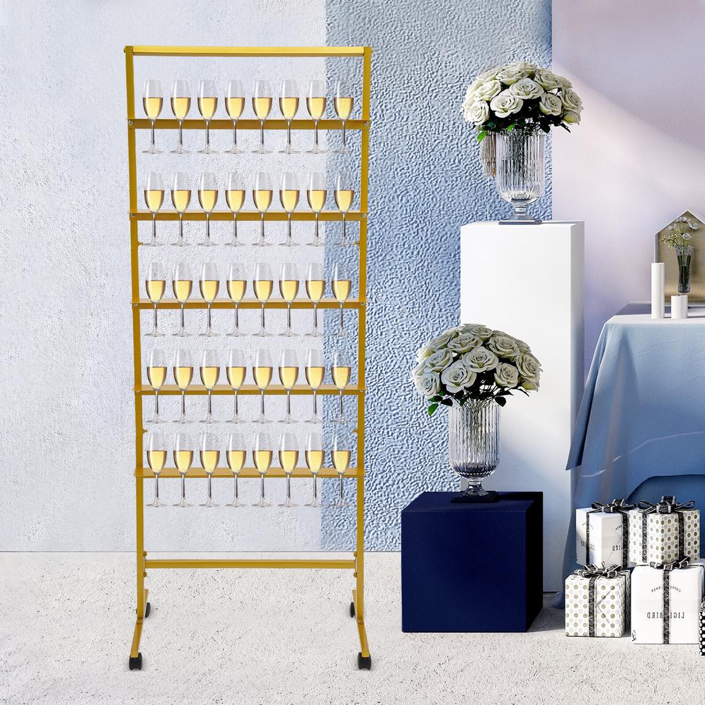 5-Tier Gold Steel Champagne Wine Glass Holder, Rotatable Swivel Casters Stable Flutes Display Stand, Party Glass Storage Rack