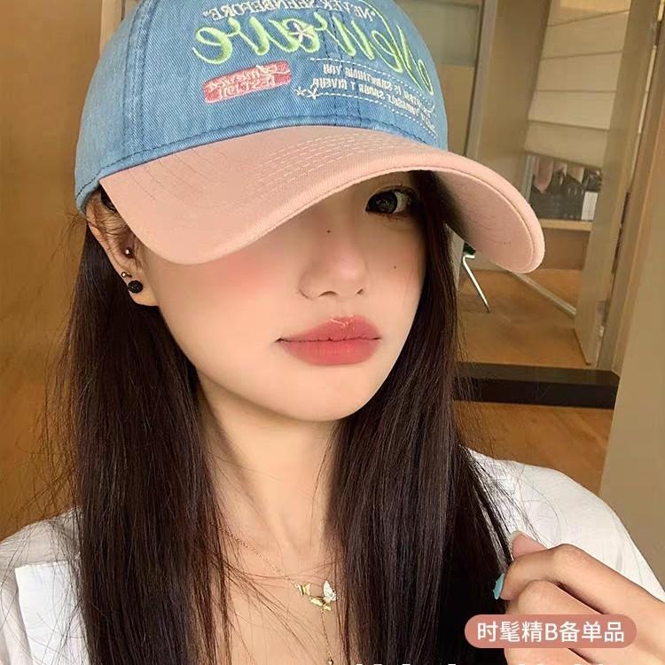 Korean soft-top, deep and wide brim denim color-block baseball cap for women, makes the face look smaller, sun protection and sunshade duckbill cap