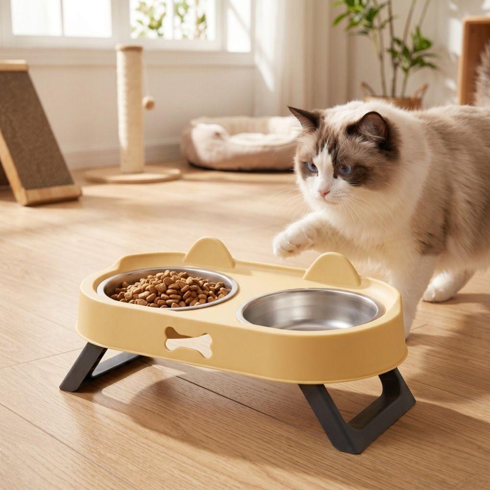 Stainless Steel Raised Pet Feeder Double Bowl Cat Feeding Dish Elevated Cat Bowl For Cats