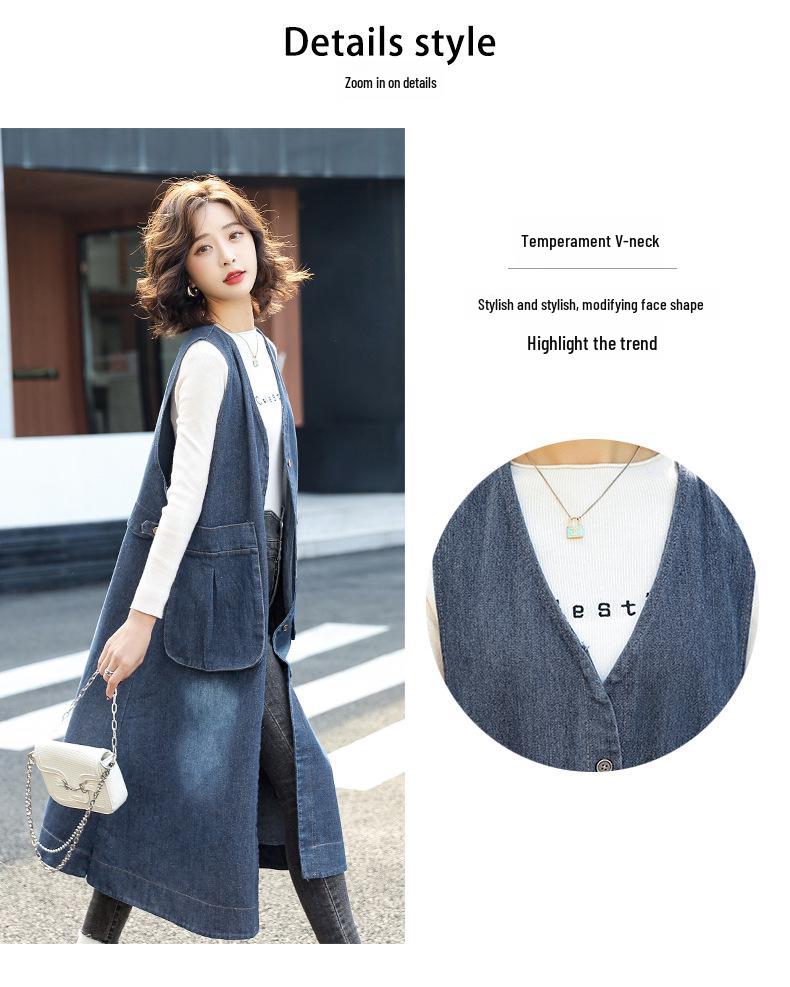 Women's Mid-Length Denim Vest Dress - 2022 Trendy Korean Style with Large Pockets for Spring and Autumn