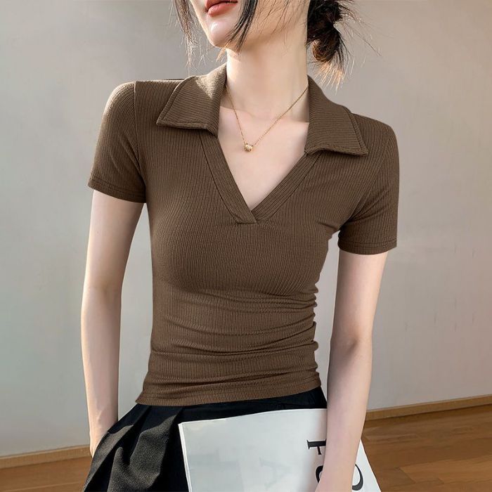 Women's Short-sleeve T-shirt Summer Simple Solid Color Slim-fit Polo Collar T-shirt Short Stretch Polo Shirt